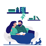Location avec option d'achat - leasing immobilier Illustration d'un couple sur le canapé qui se sent bien chez soi et qui est enfin propriétaire